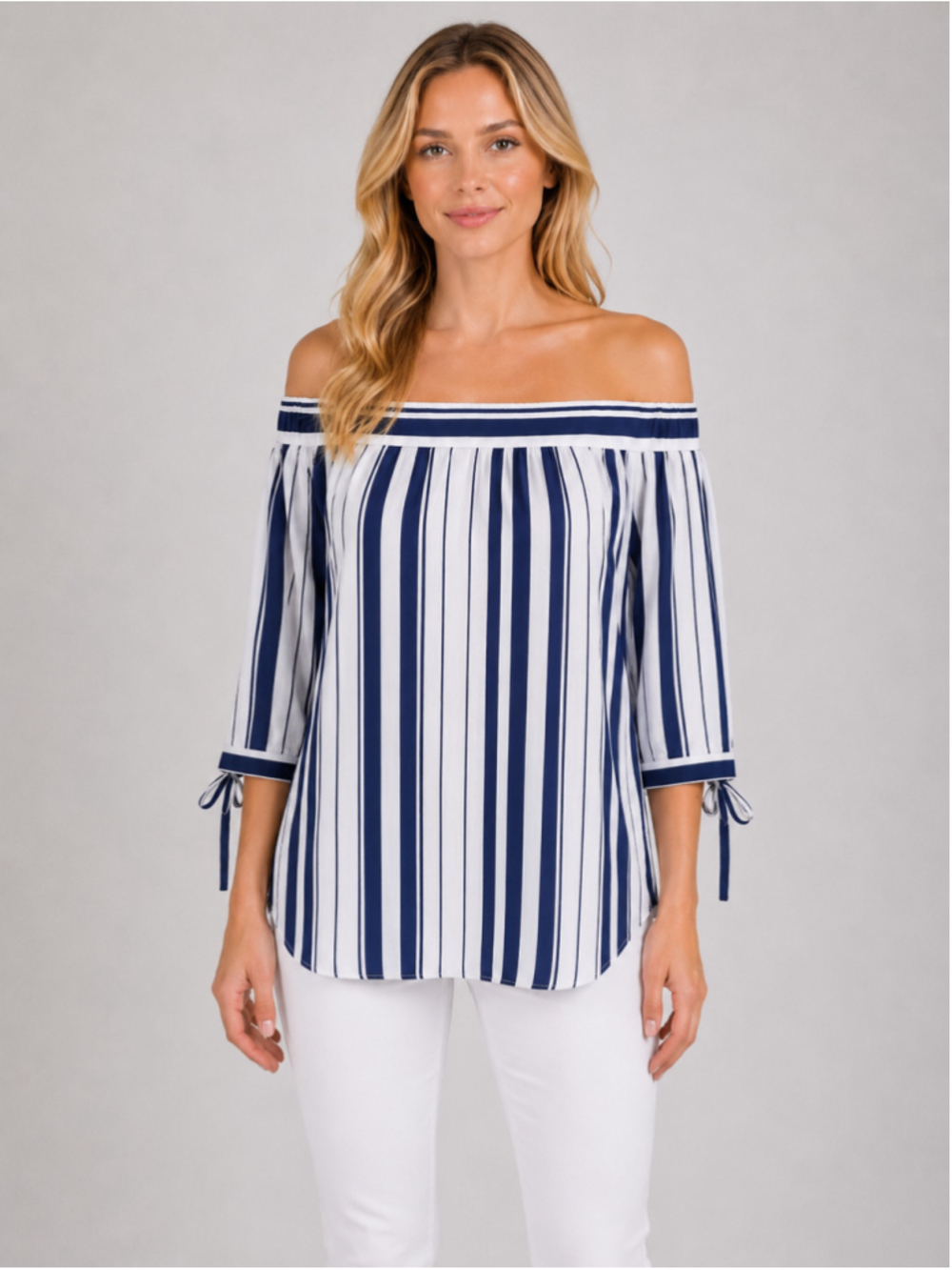 Frank Lyman Blue & White Striped Top Off-Shoulder Tie Sleeves Resort Chic Size 8